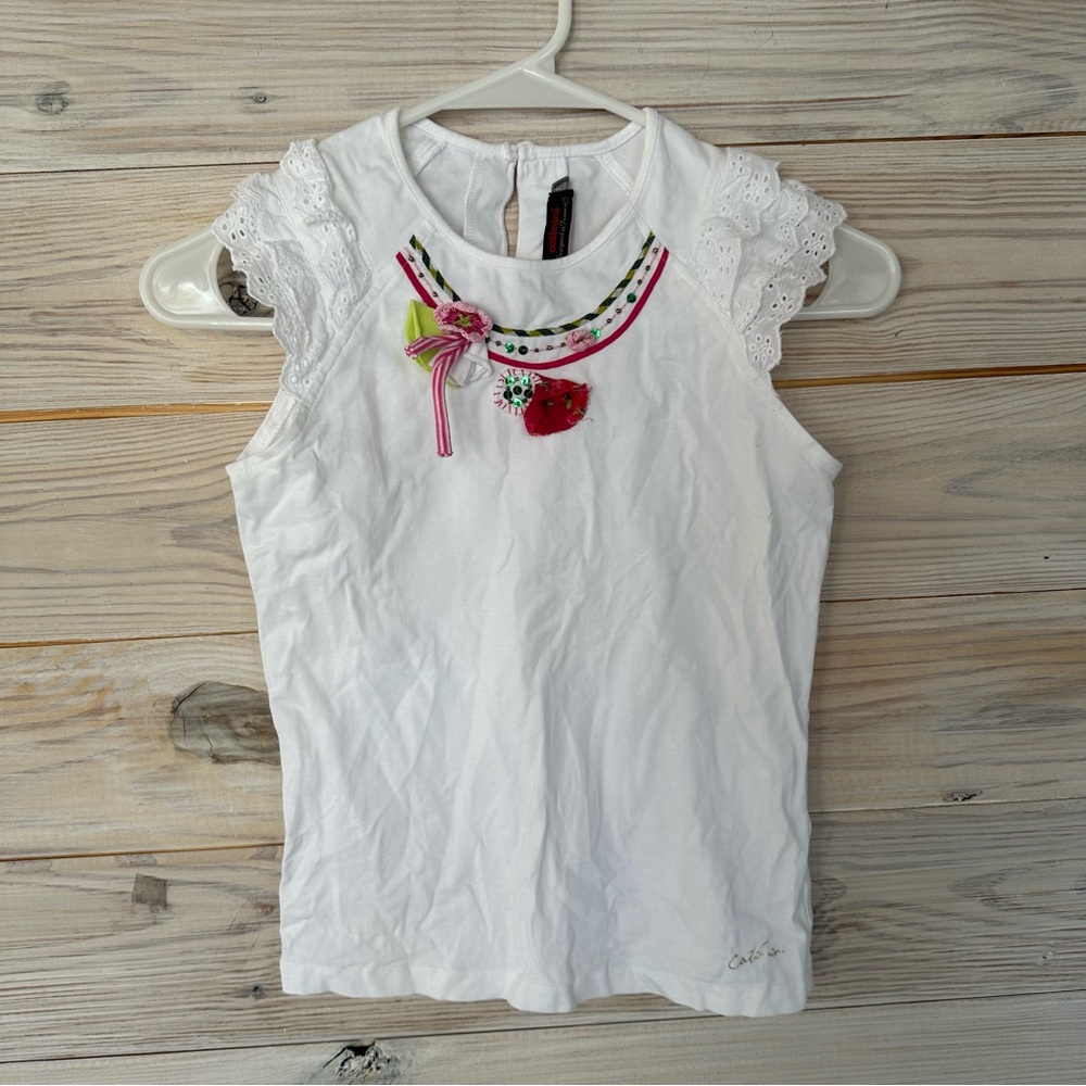 Catimini White Floral & Lace Sleeve Detail Kids Top